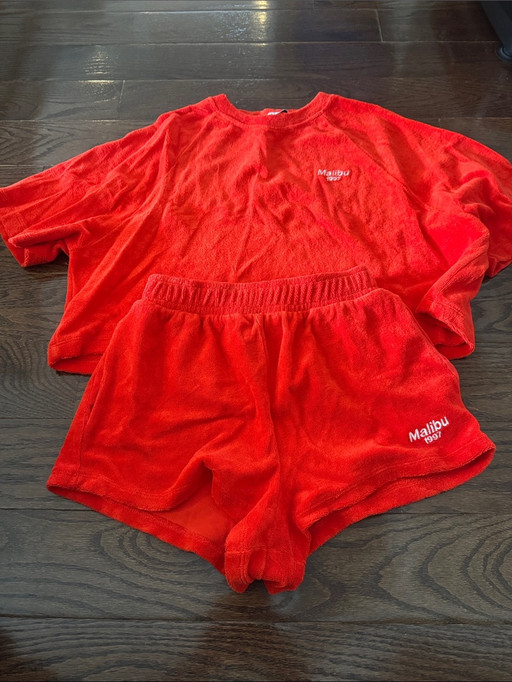 Zara Malibu Red Terry Cloth Crop Tee and Shorts Set